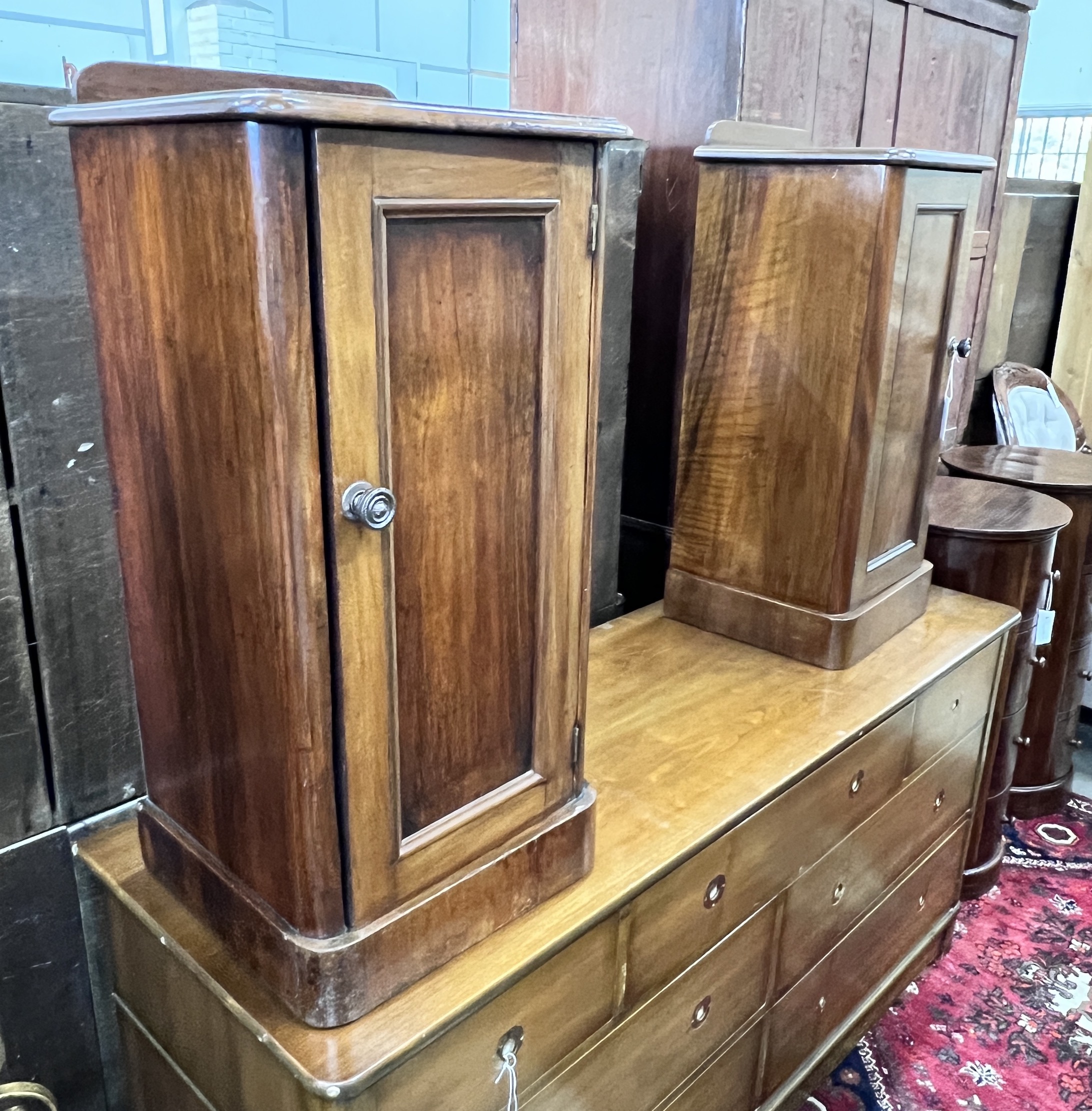A pair of Victorian style mahogany bedside cupboards, width 39cm, depth 33cm, height 82cm